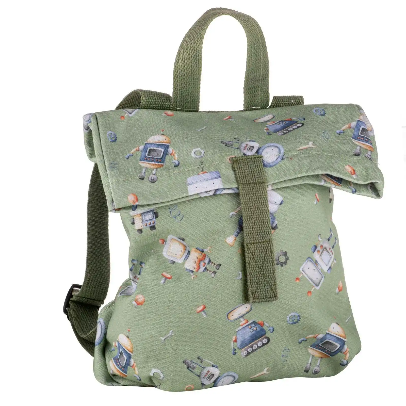 Ashdene Robots 27x31cm Backpack Kids/Child Cotton Canvas Travel/School Bag Green