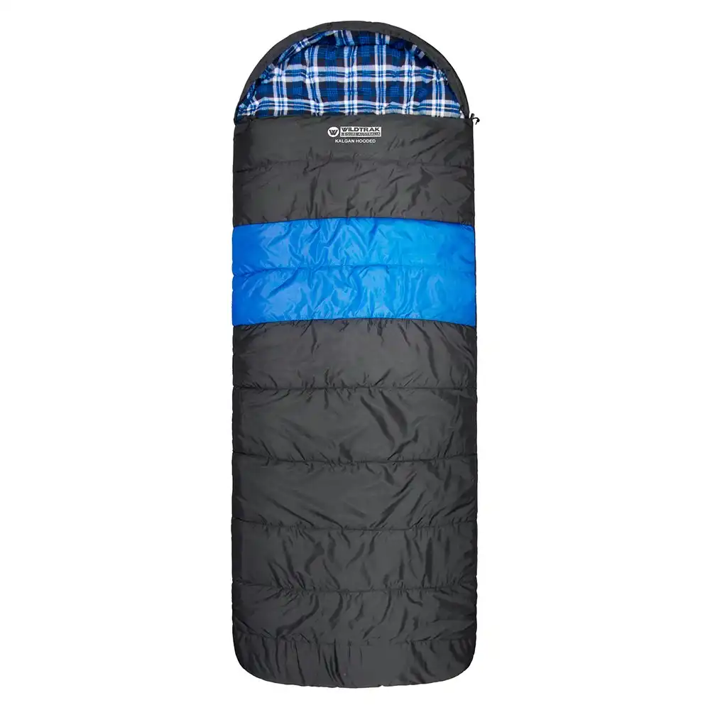 Wildtrak Kalgan 220x80cm Hooded Sleeping Bag Thermal Camping Sleeper Blue/Black