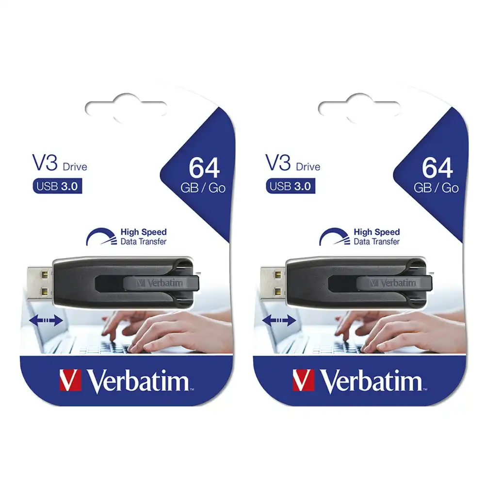 2PK Verbatim Store'n'Go V3 USB 3.0 Stick Flash Drive 64GB Storage f/Laptop/PC Gr