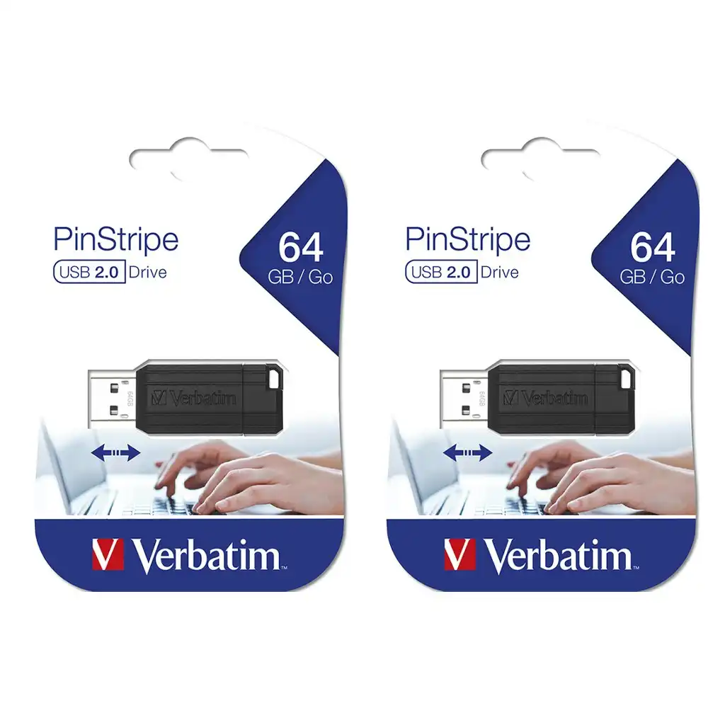 2PK Verbatim Store'n'Go Pinstripe 64GB USB Storage Stick Drive For Laptop/PC BLK