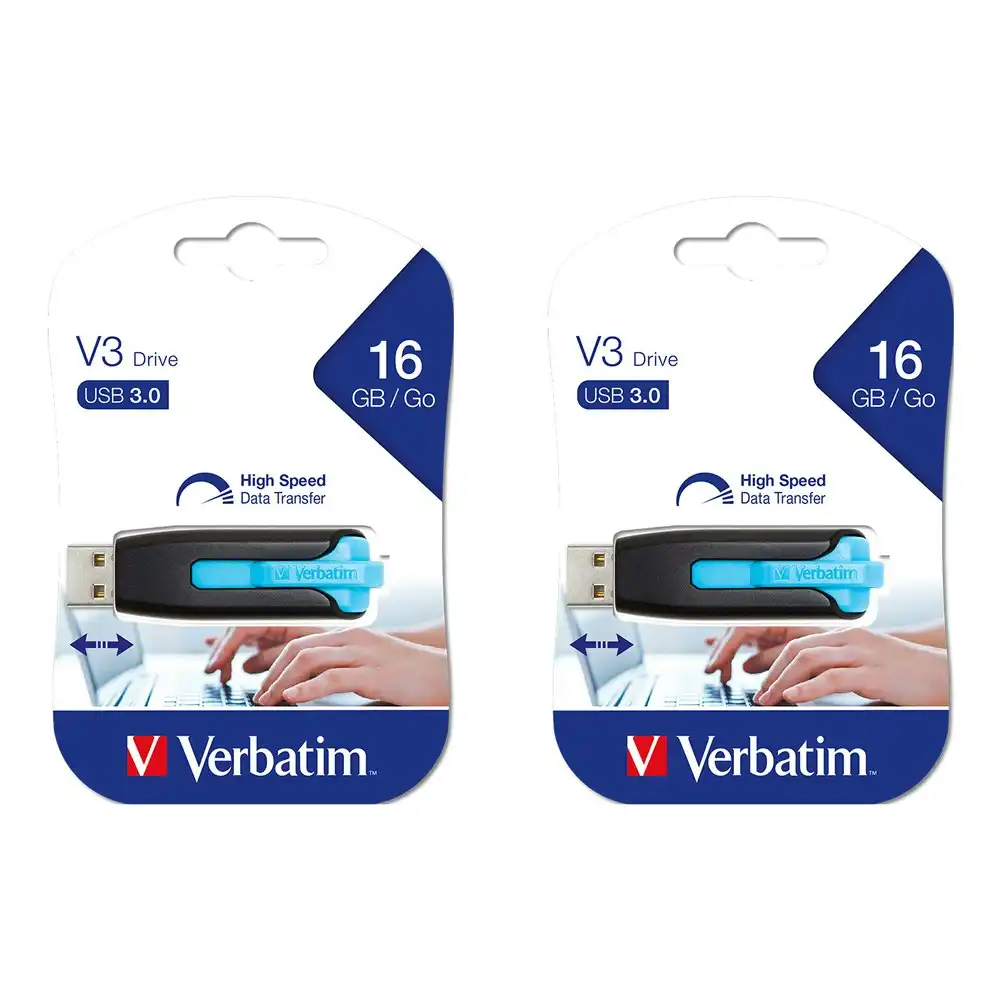 2PK Verbatim Store'n'Go V3 USB 3.0 Stick Flash Drive 16GB f/PC Caribbean Blue