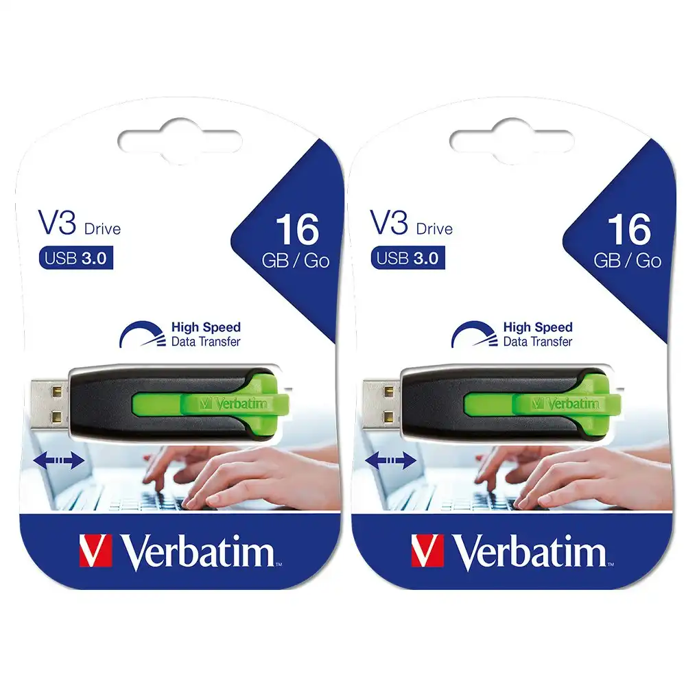 2PK Verbatim Store'n'Go V3 USB 3.0 Flash Drive 16GB f/Laptop Eucalyptus GRN