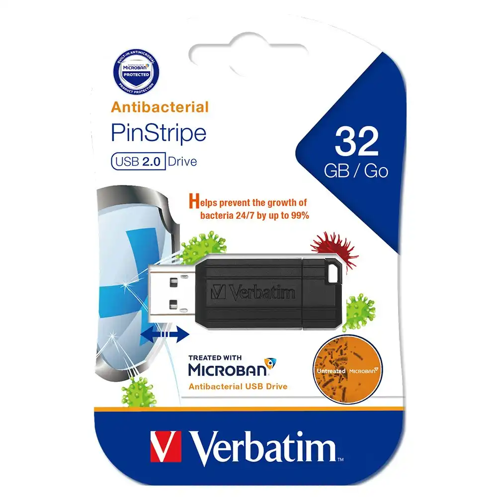 Verbatim Pinstripe Antimicrobial USB 2.0 Drive Stick 32GB Black Microban PC/MAC