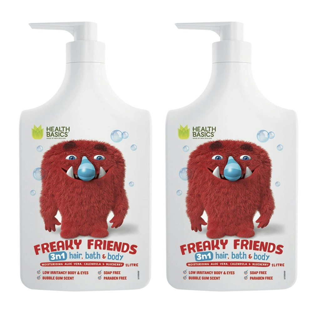 2x Health Basics Freaky Friends Body/Bath Wash 1L Baby/Kids Bubblegum Scent