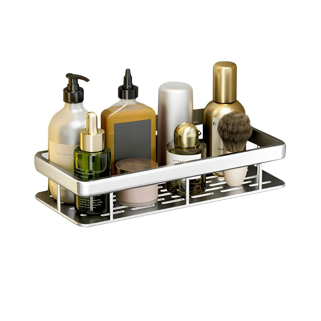 Soga Silver Wall-Mounted Rectangular Bathroom Storage Organiser Space Saving Adhesive Shelf Rack