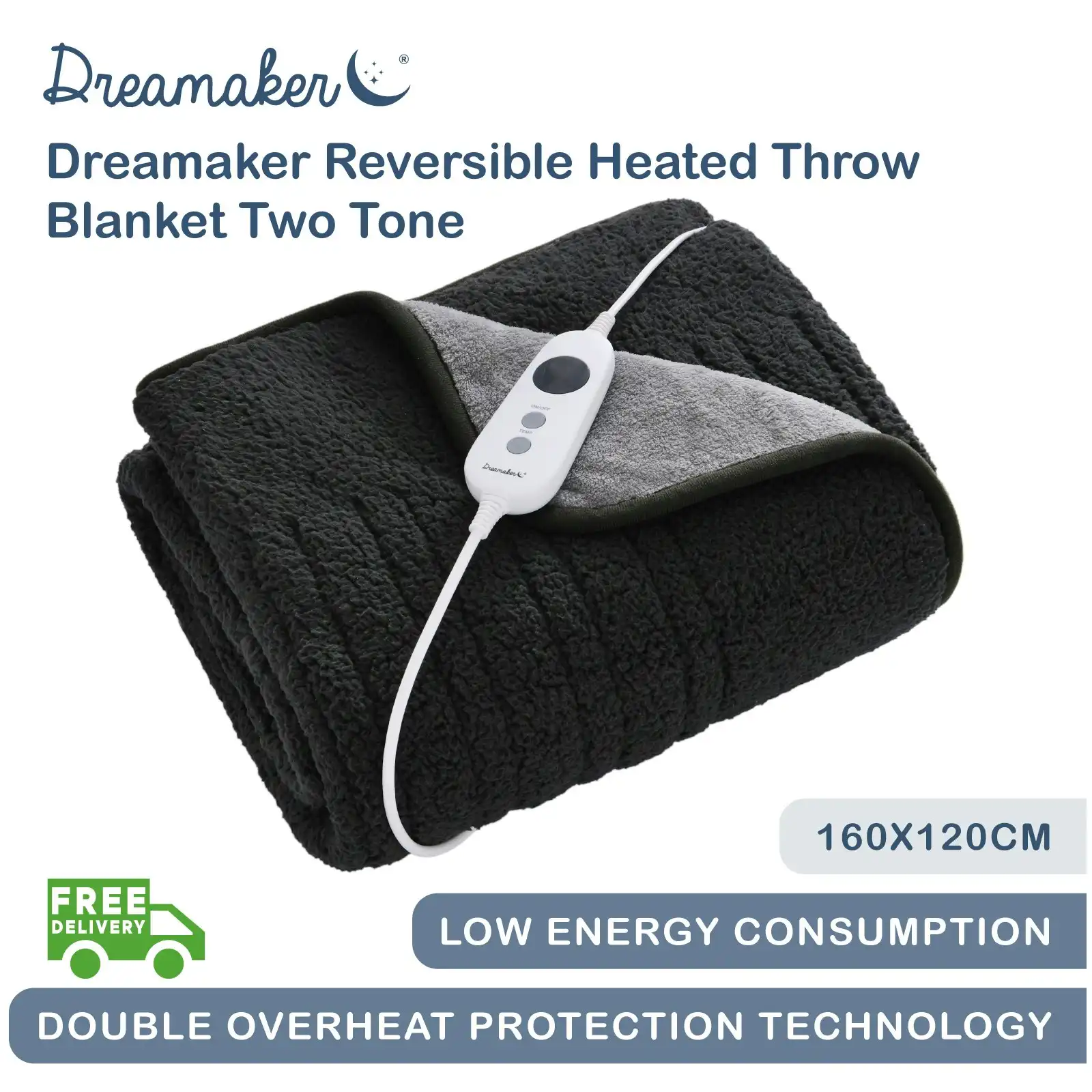 Dreamaker Reversible Sherpa & Coral Fleece Heated Throw Charcoal & Silver 160 x 120cm