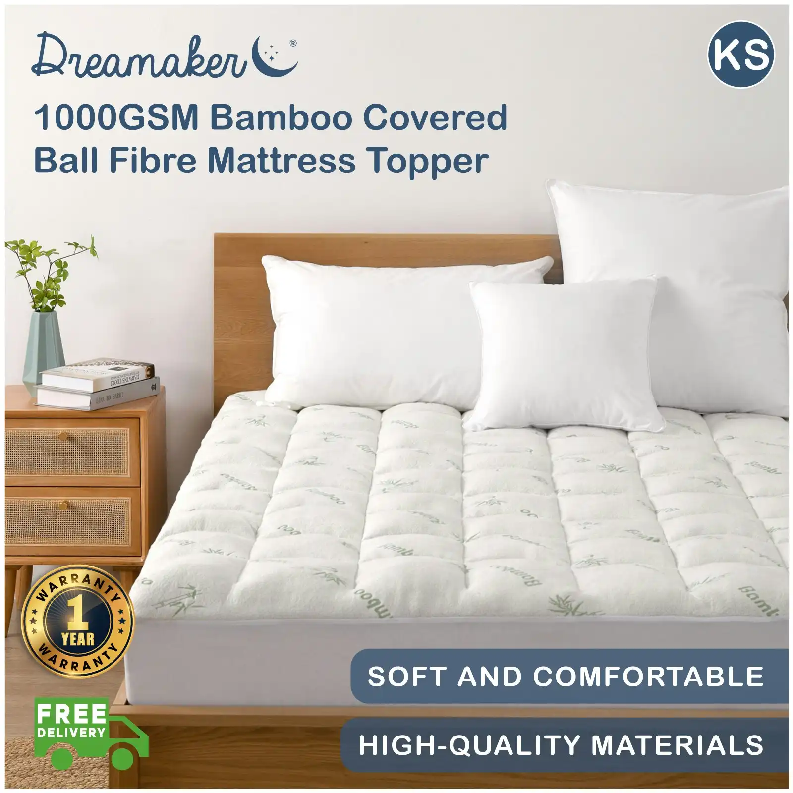 Dreamaker 1000GSM Bamboo Covered Ball Fibre Mattress Topper King Single Bed