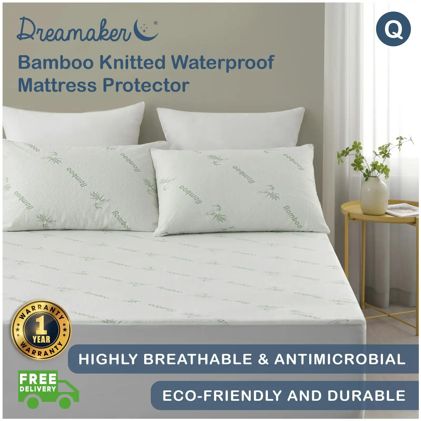 9009444 Dreamaker Bamboo Knitted Waterproof Mattress Protector - Queen Bed