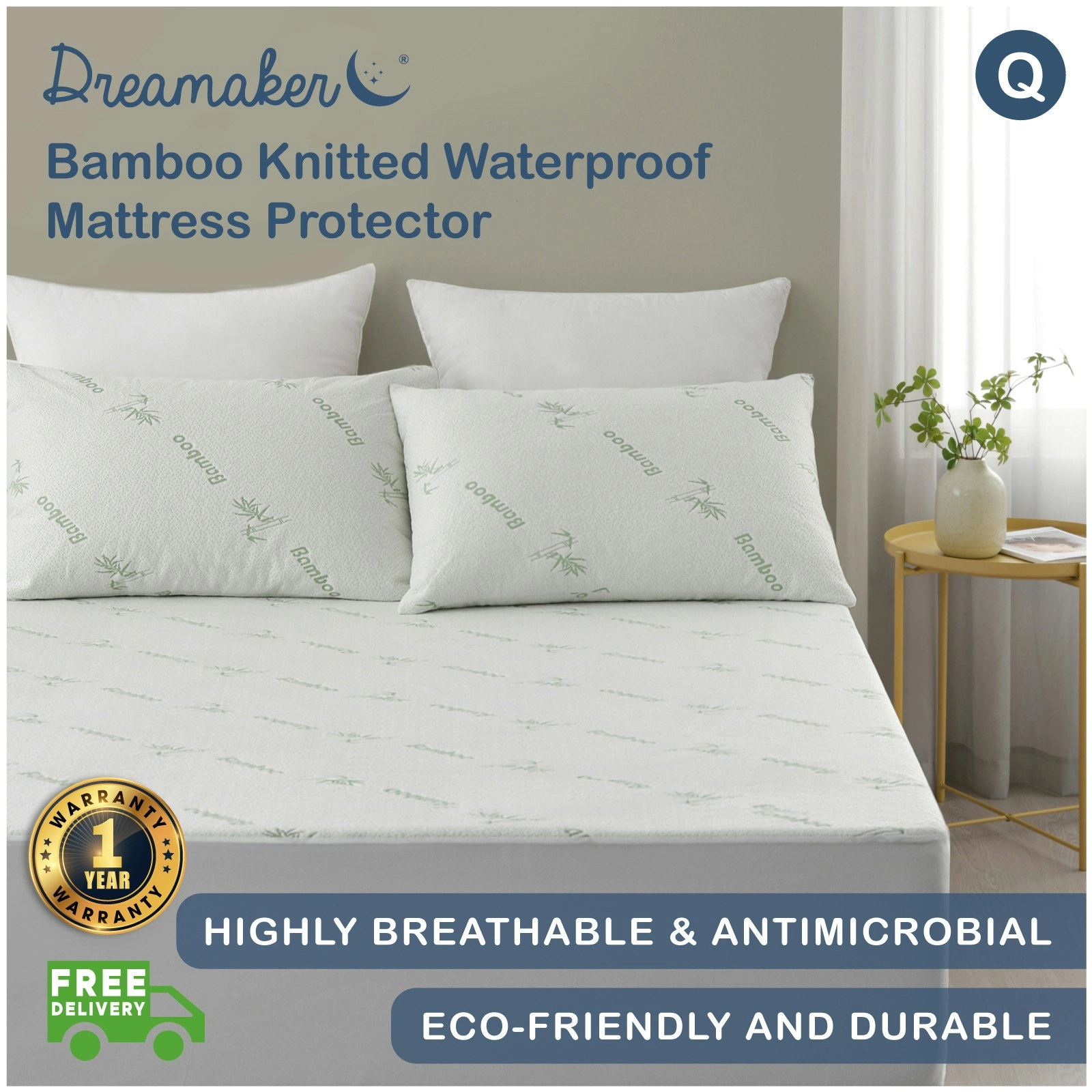 9009444 Dreamaker Bamboo Knitted Waterproof Mattress Protector - Queen Bed