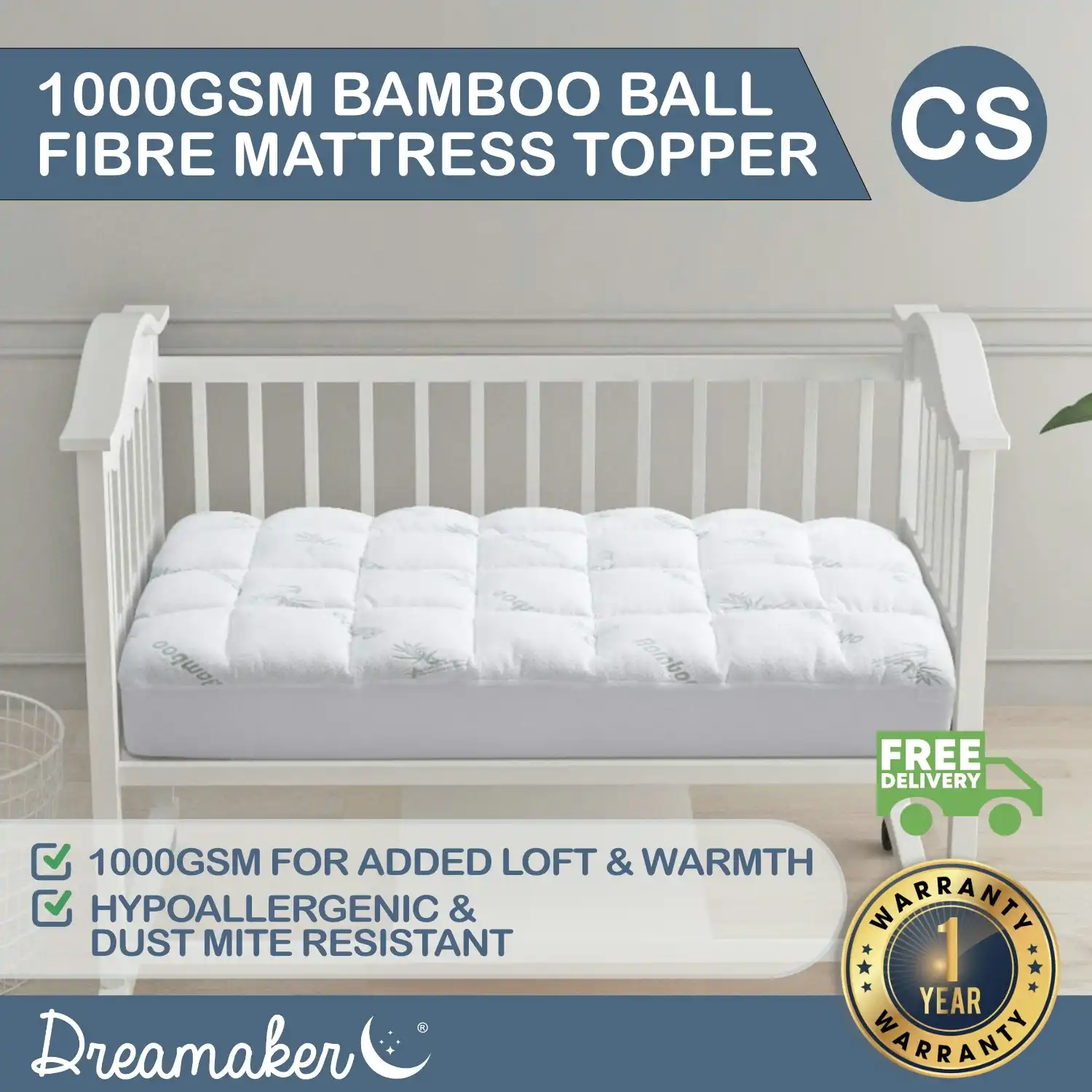 Dreamaker 1000GSM Bamboo Covered Ball Fibre Mattress Topper Cot Standard