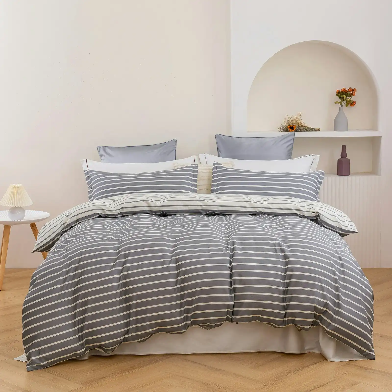 Dreamaker Miller Stripe 100% Cotton Reversible Quilt Cover Set King Bed Grey