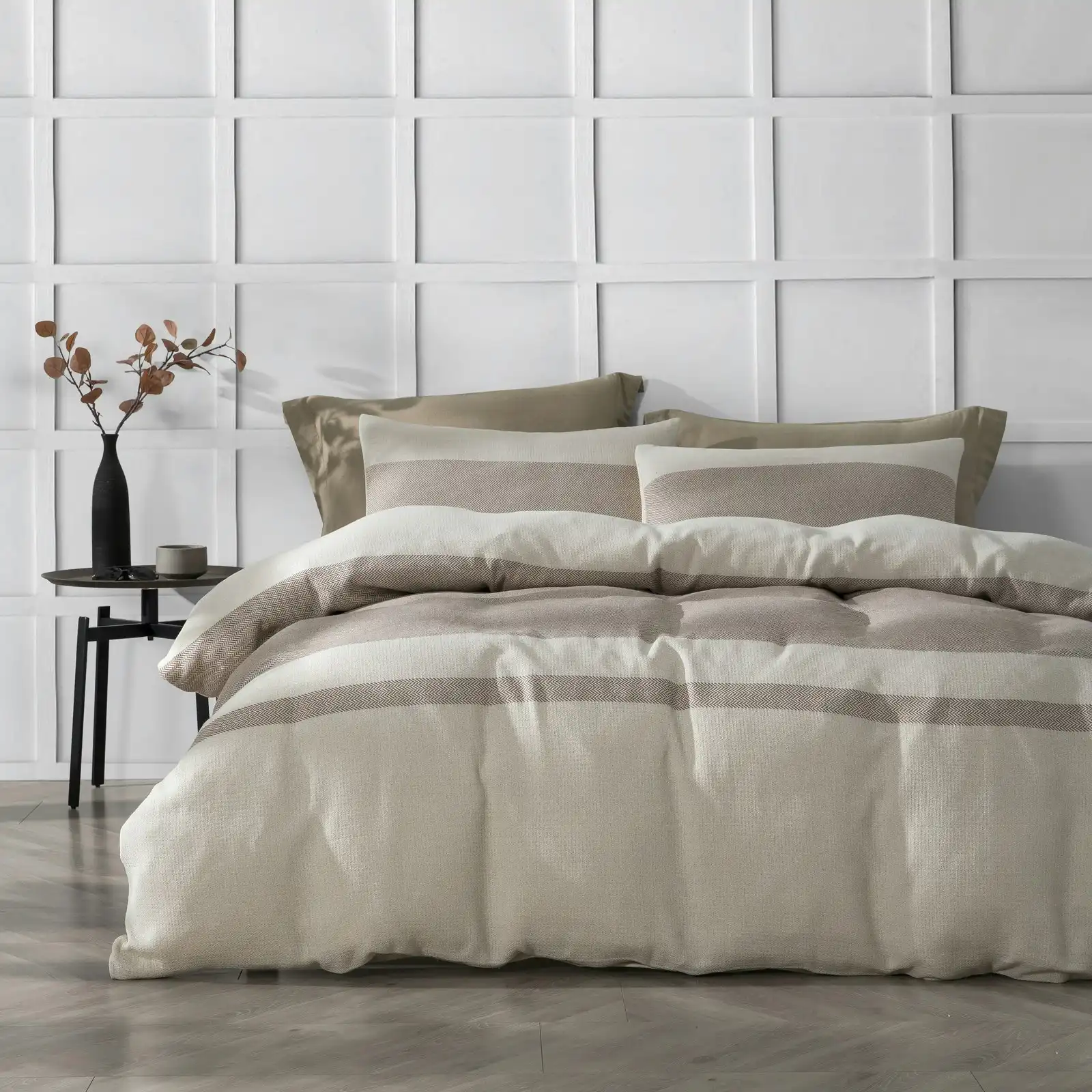 Dreamaker Herringbone 100% Cotton Quilt Cover Set Natural - Cream Single Bed