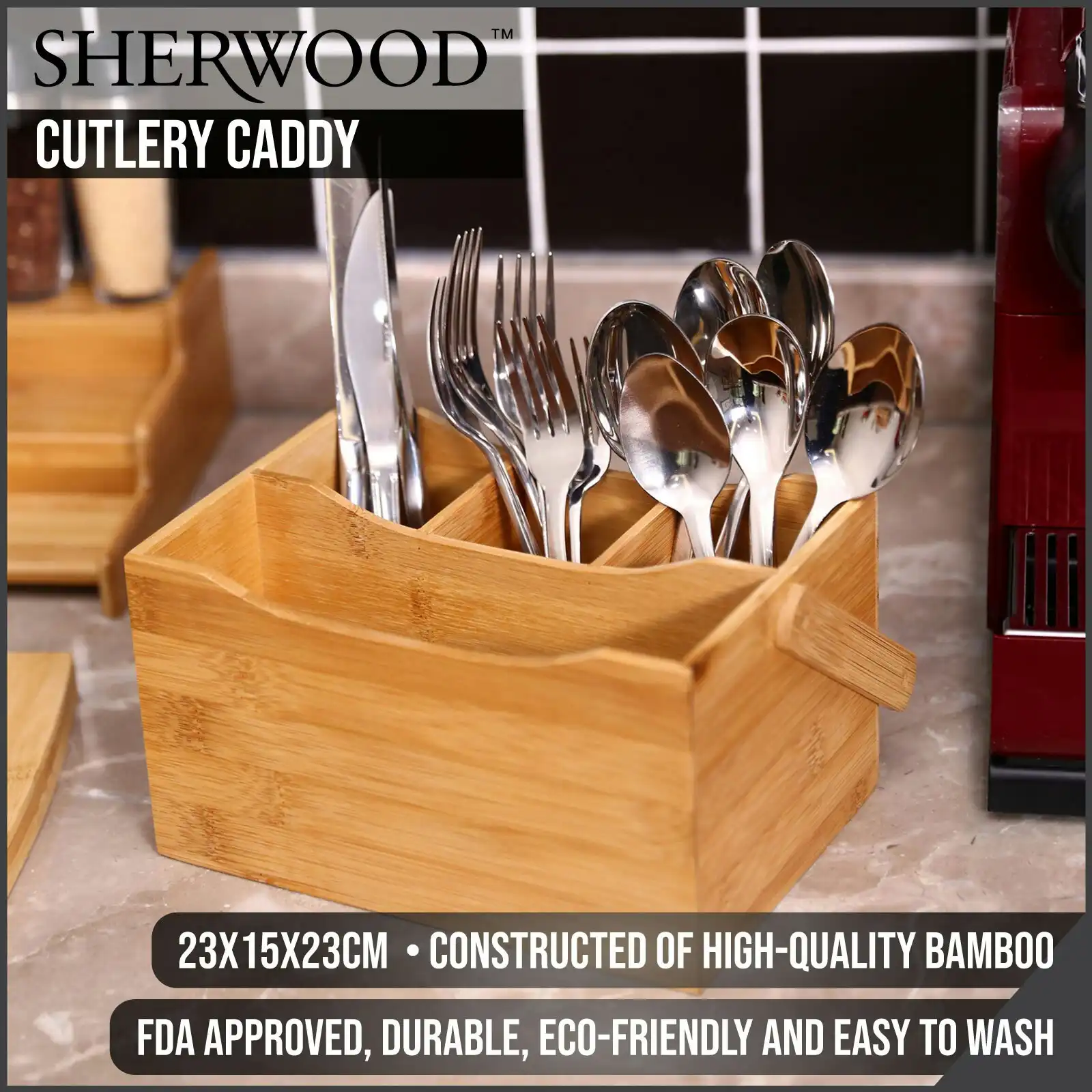 Sherwood Home Bamboo Cutlery Caddy Natural Brown Holds Knife/Fork/Spoon and Napkin/Serviette