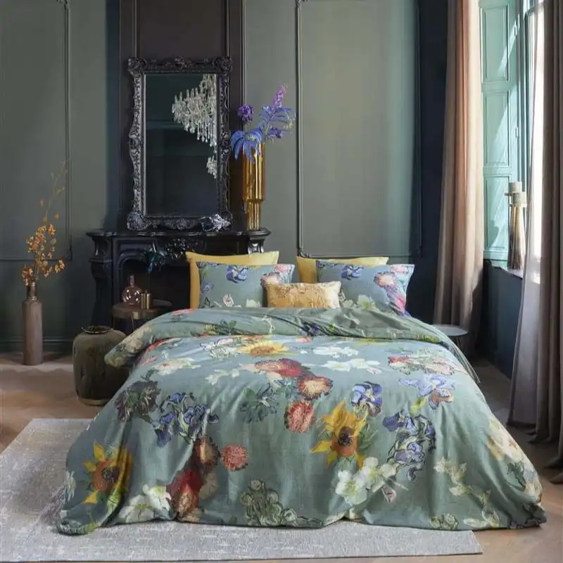 Bedding House Van Gogh Partout des Fleurs Cotton Sateen Green Quilt Cover Set