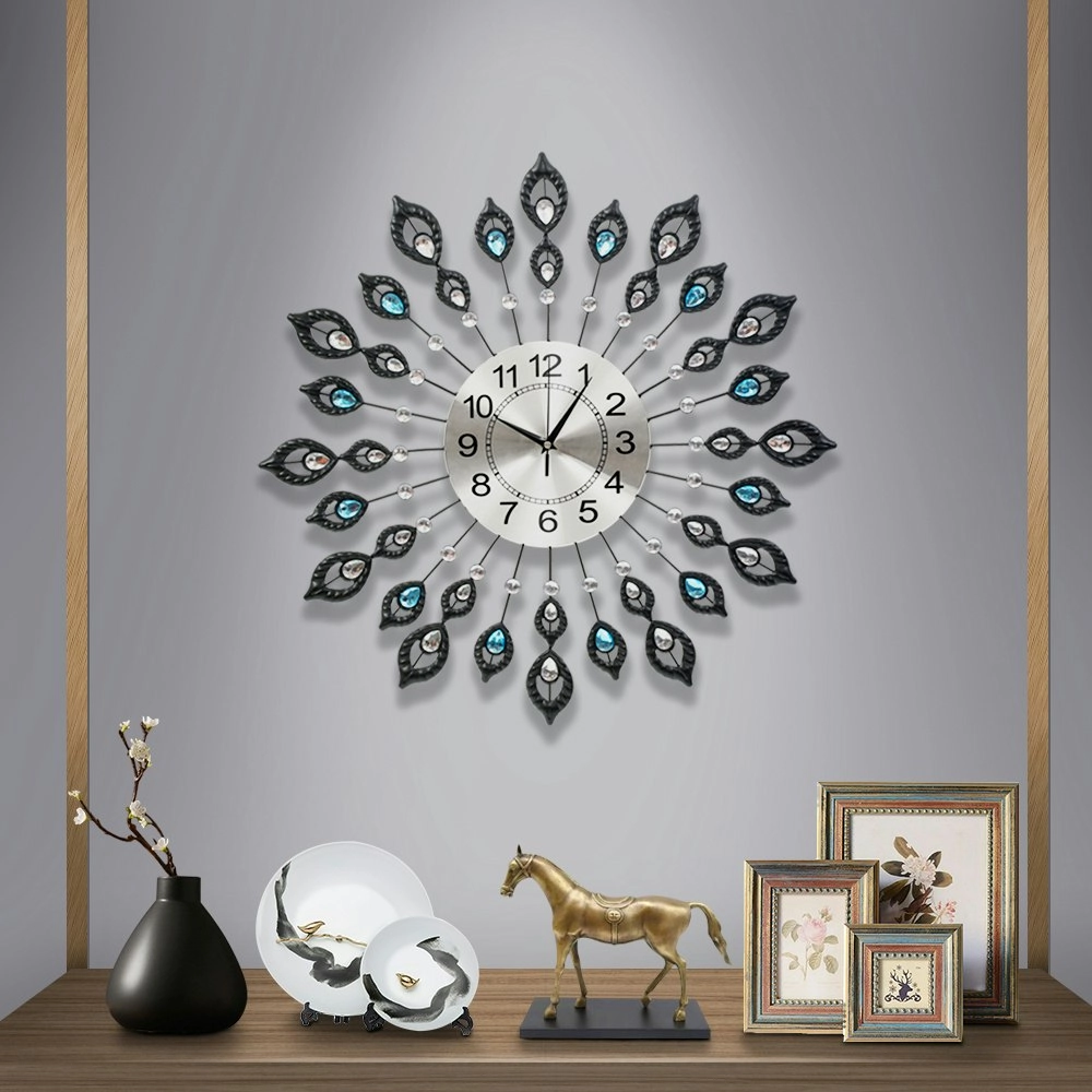 Artiss 60cm Wall Clock Large 3D Peacock Crystal Silver