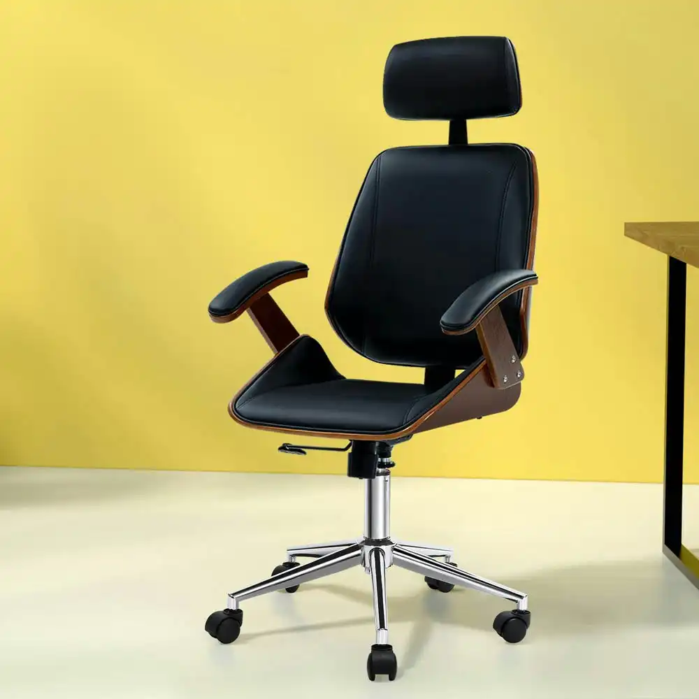 Artiss Wooden Office Chair Leather Seat Black