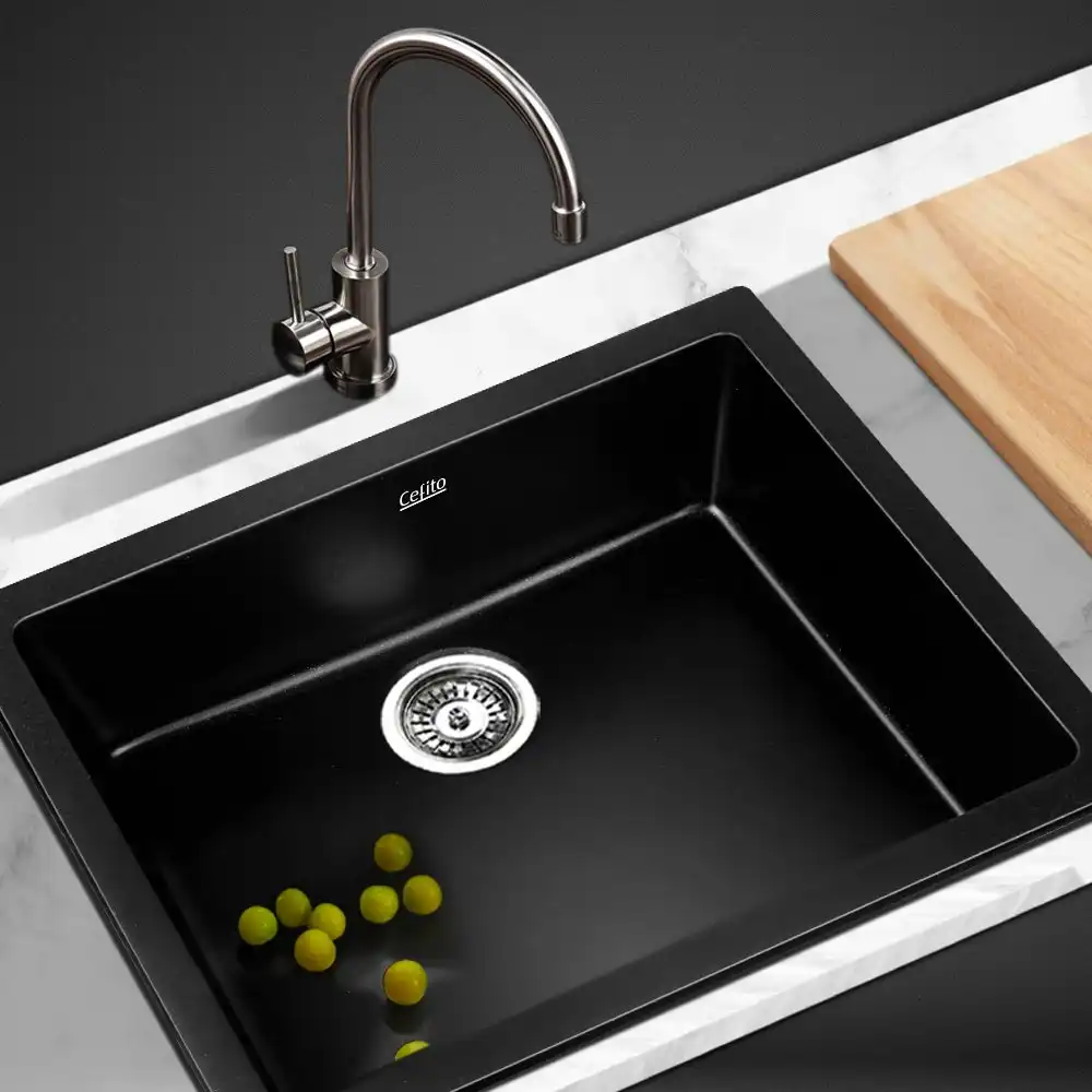 Cefito Kitchen Sink Stone Sink Granite Laundry Basin Single Bowl 61cmx47cm Black