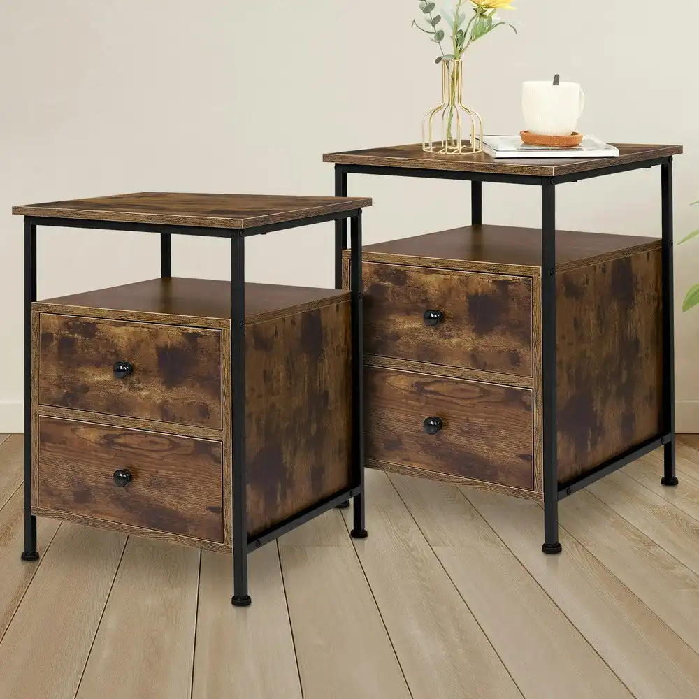 Alfordson 2x Bedside Table Retro - 2 Drawers Oak