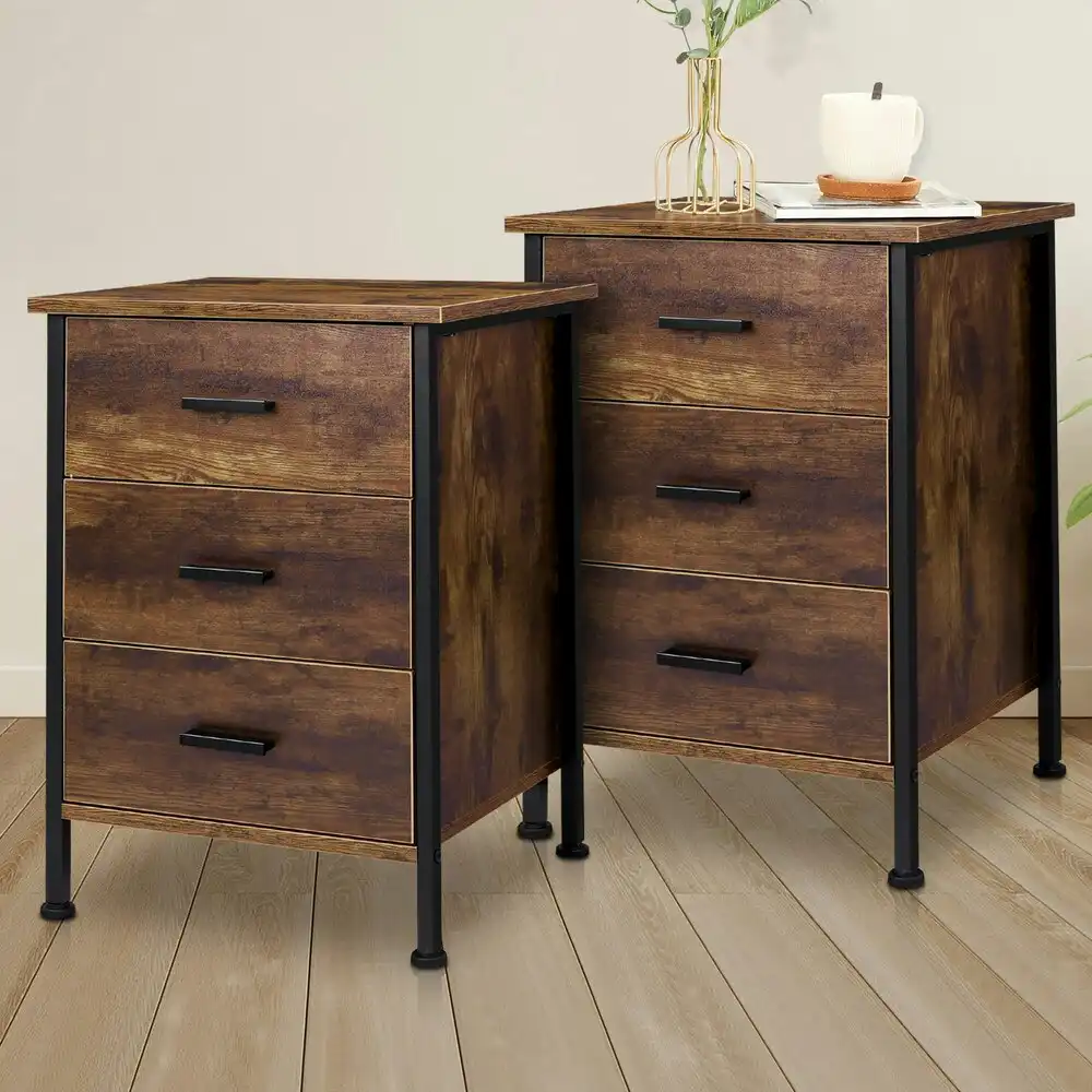 Alfordson 2x Bedside Table Retro 3 Drawers Oak