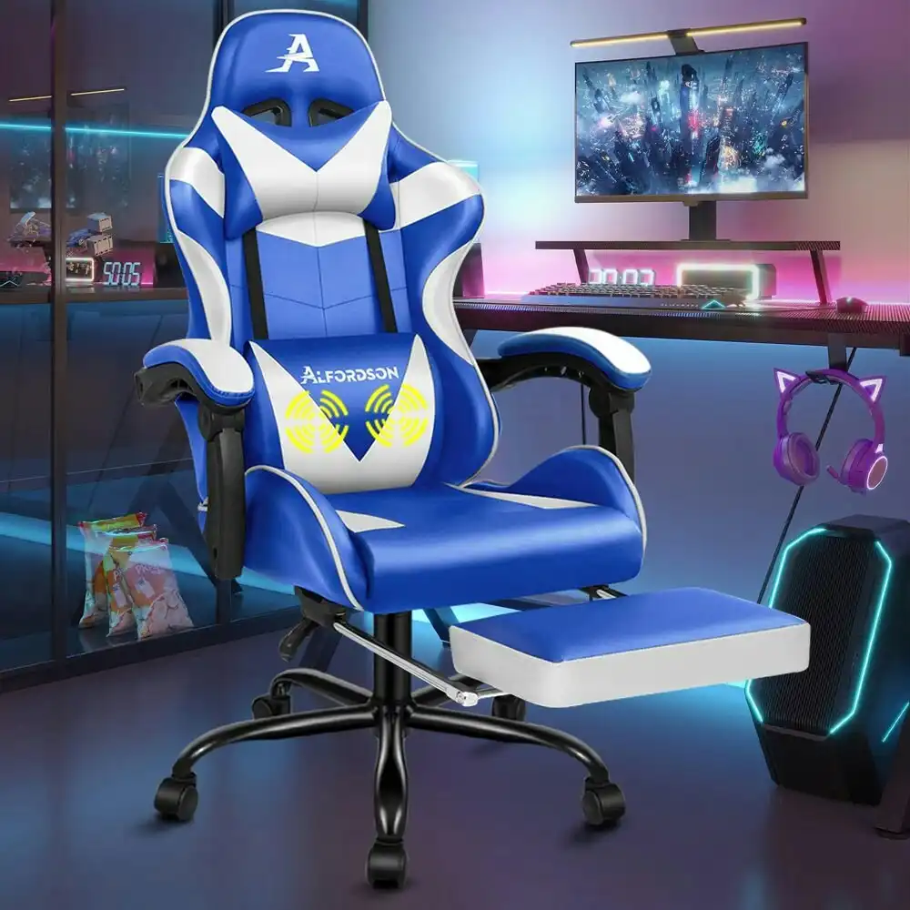 Alfordson Gaming Chair with Lumbar Massage Office Chair Blue & White