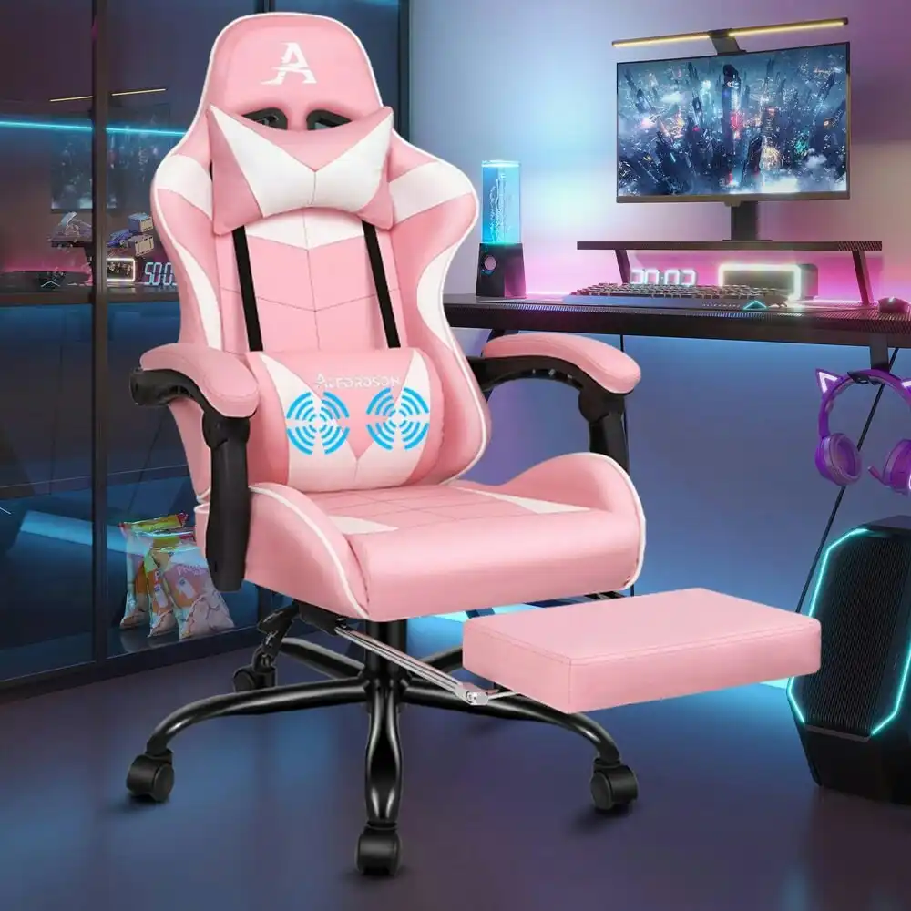 Alfordson Gaming Chair with Lumbar Massage Office Chair Pink & White