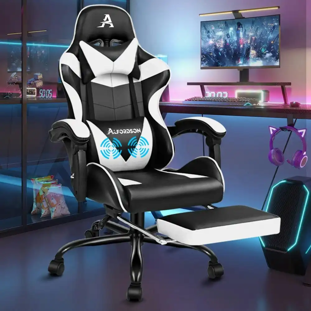 Alfordson Gaming Chair with Lumbar Massage Office Chair Black & White