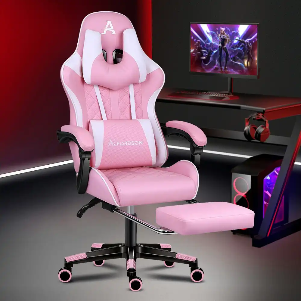 Alfordson Gaming Chair PU Leather with Footrest Pink & White