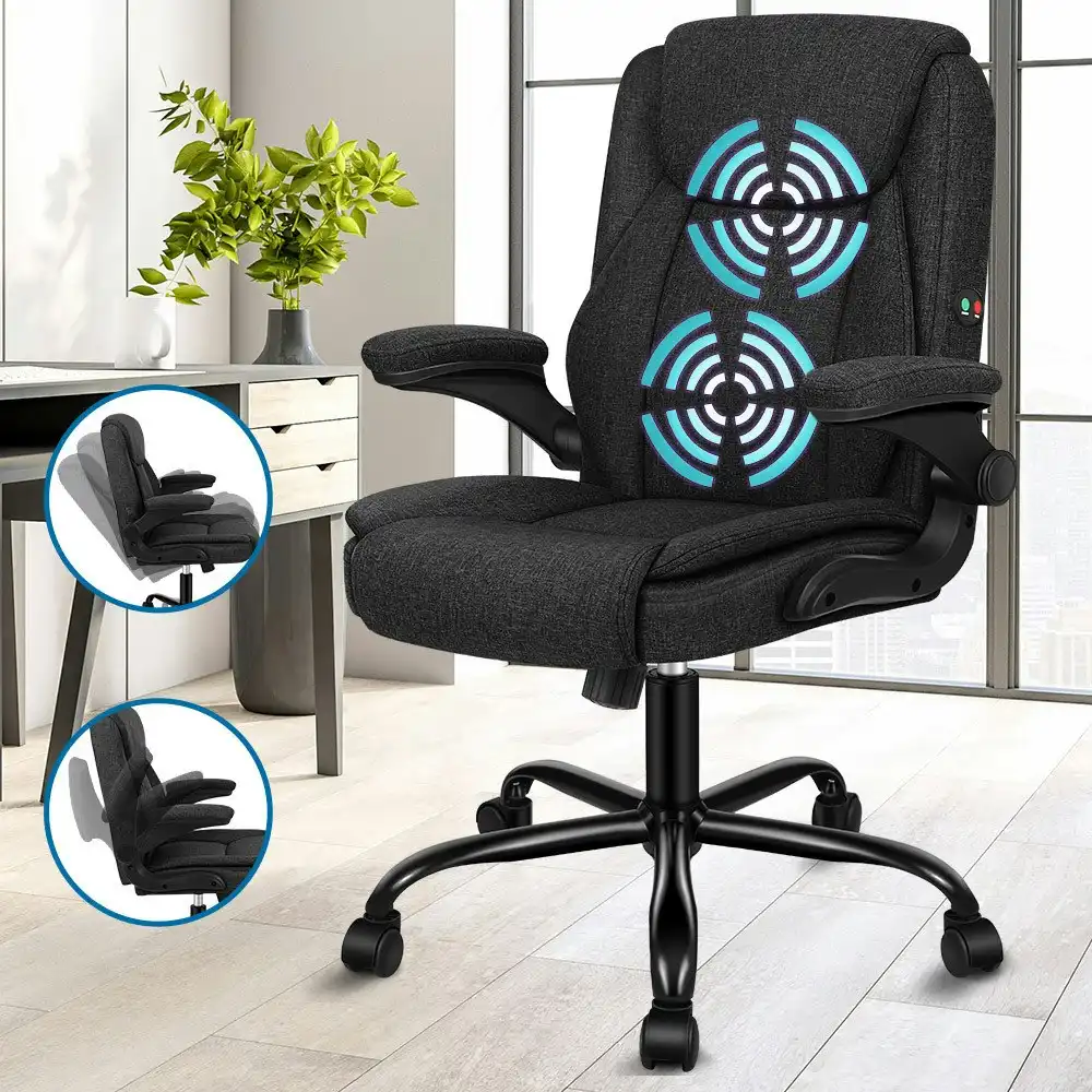 Alfordson Massage Office Chair Flip-up Aramrest Linen Fabric Black
