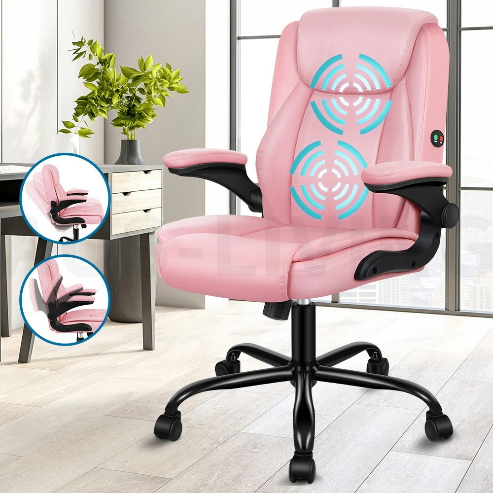 Alfordson Massage Office Chair Flip-up Aramrest PU Leather Pink