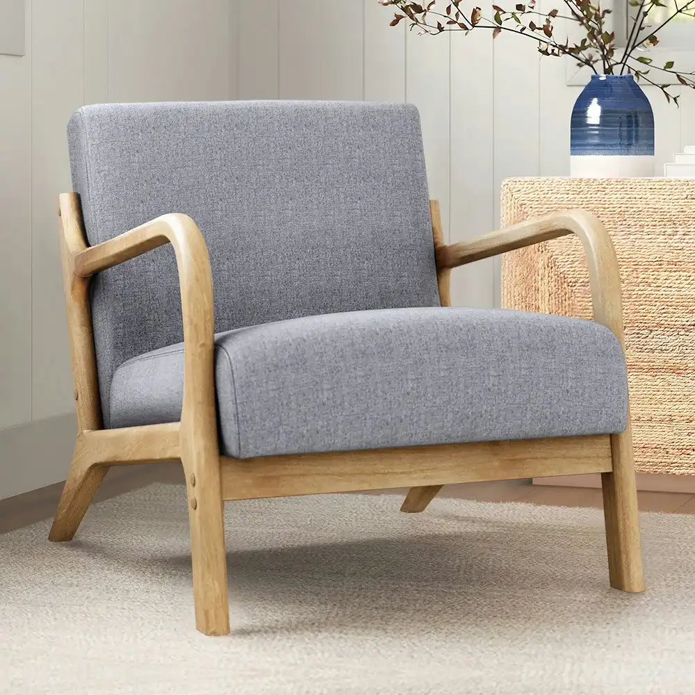 Alfordson Wooden Armchair Lounge Chair Fabric Seat Light Grey