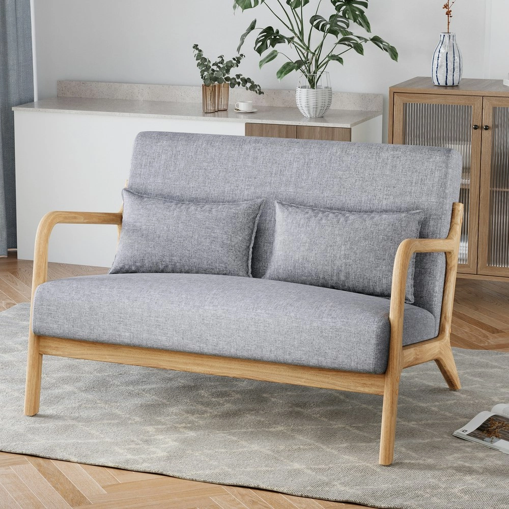 Alfordson Wooden Armchair 2 Seater Sofa Lounge Fabric Seat Light Grey