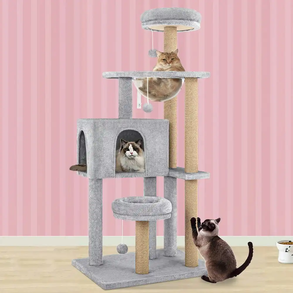 BEASTIE Cat Tree 141cm Grey Tower Scratching Post Wood Scratcher