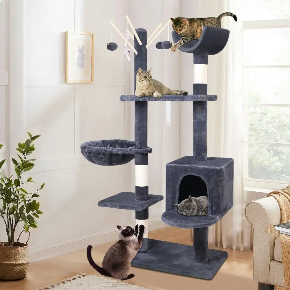 BEASTIE Cat Tree 145cm Grey with Plush Toy Ball & Bell Scratching Post