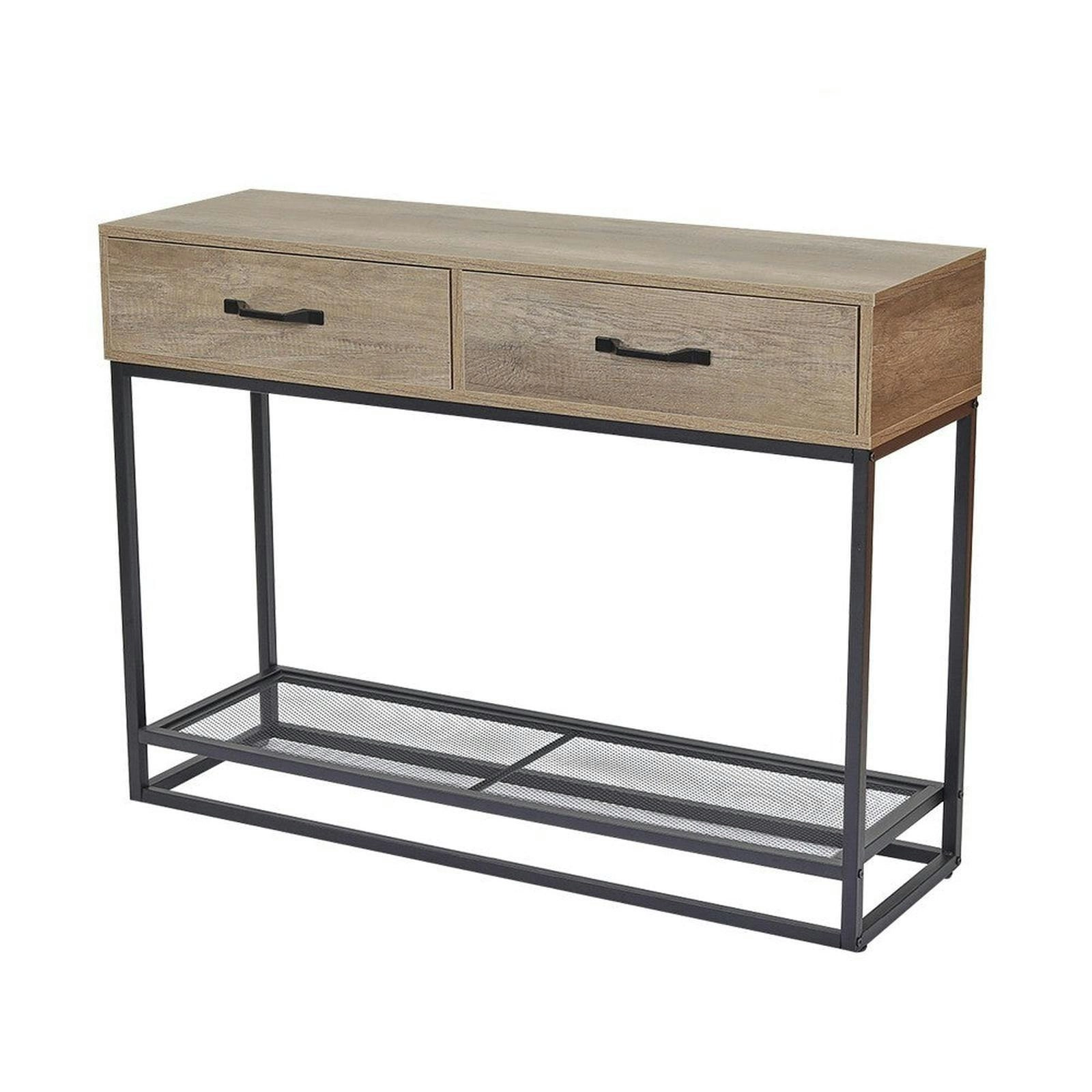 Viviendo 110cm Hallway Table Console with Drawers and Metal Mesh Shelf in Beachwood finish