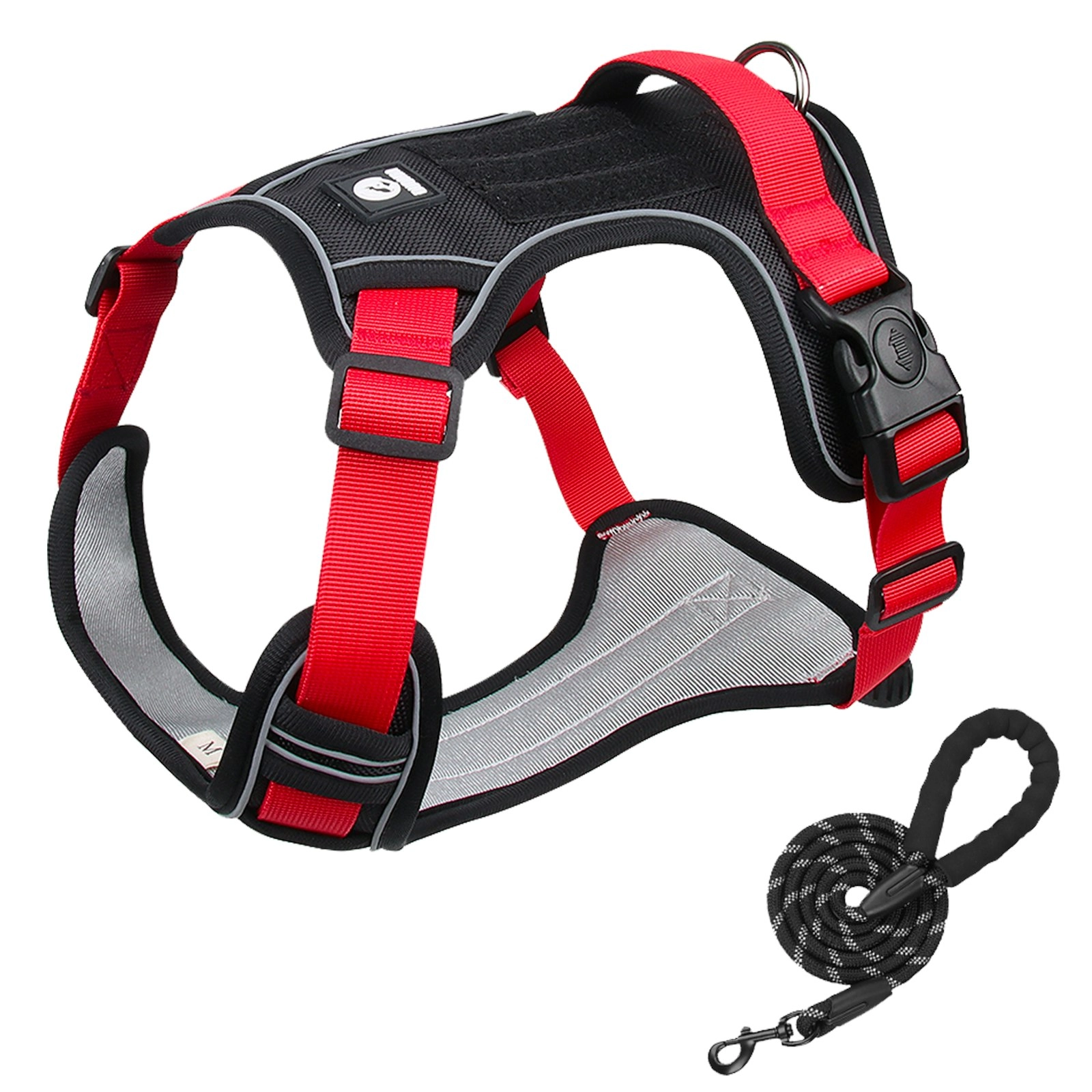 Furbulous Tactical Dog Harness Adjustable No Pull Pet Harness Reflective Working Training Dog Harness with 1.5m Lead - Red Small