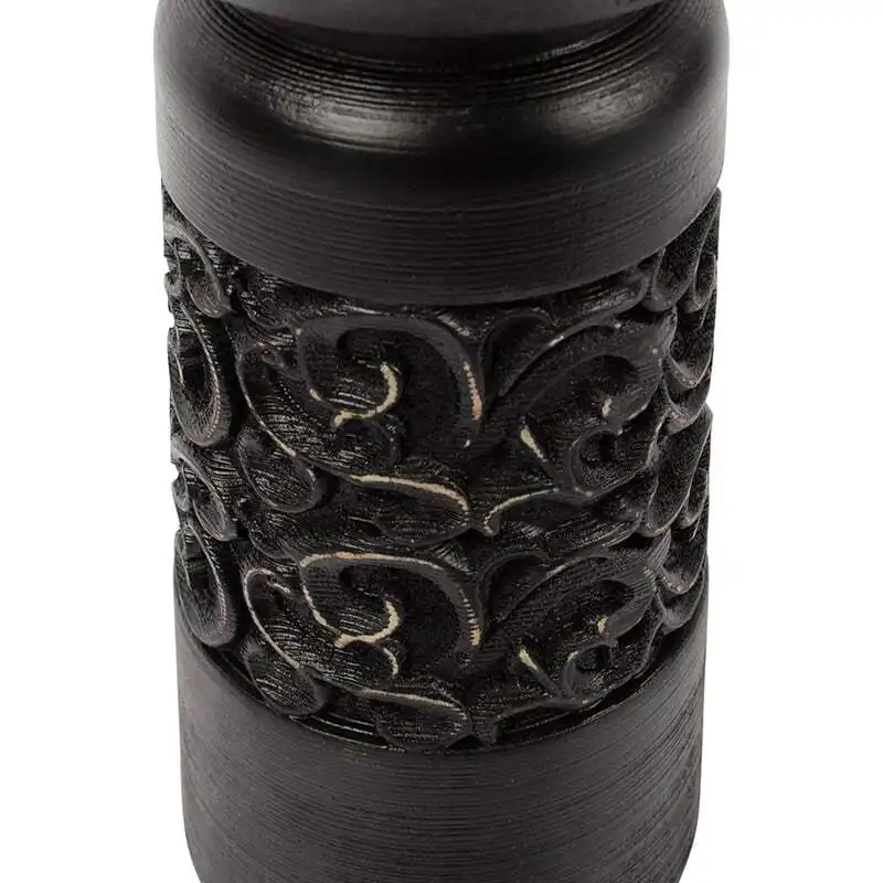 Willow & Silk Vintage 23.5cm Black Wooden Carved Pillar Candle Holder