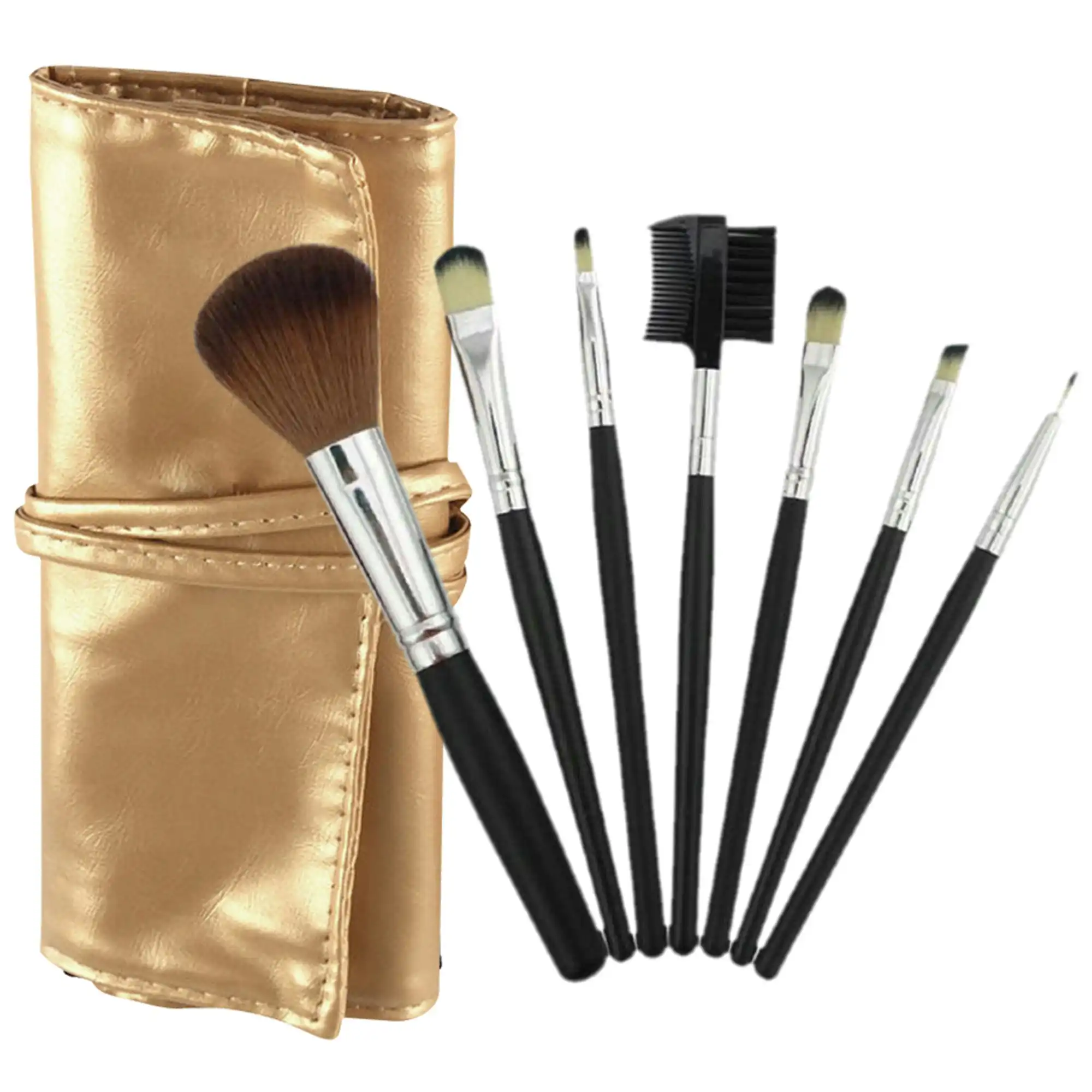 7 Piece Professional Makeup Brush Set Soft Bristle Carry Case Gold