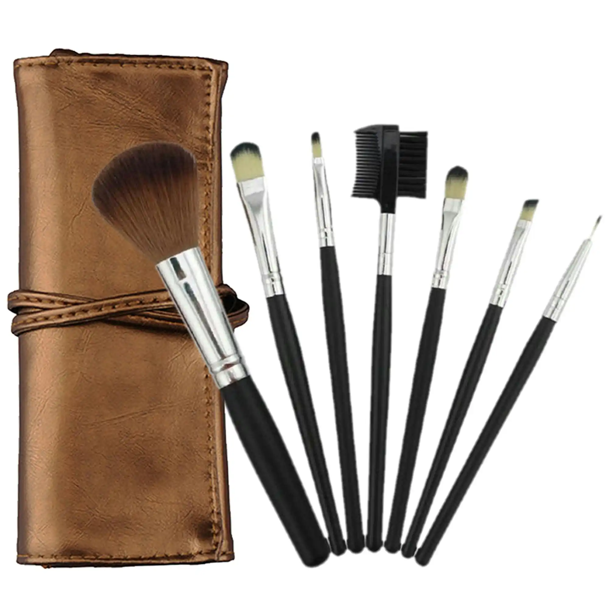 7 Piece Professional Makeup Brush Set Soft Bristle Carry Case Bronze