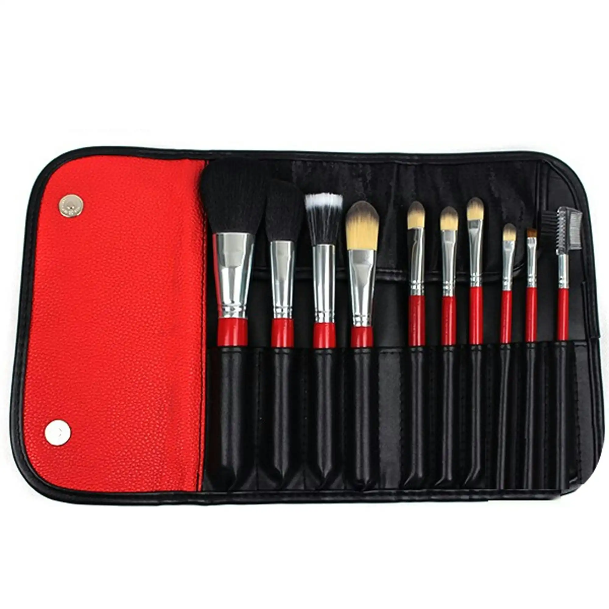 10 Piece Professional Makeup Brush Set Soft Bristle with Carry Case Black Red