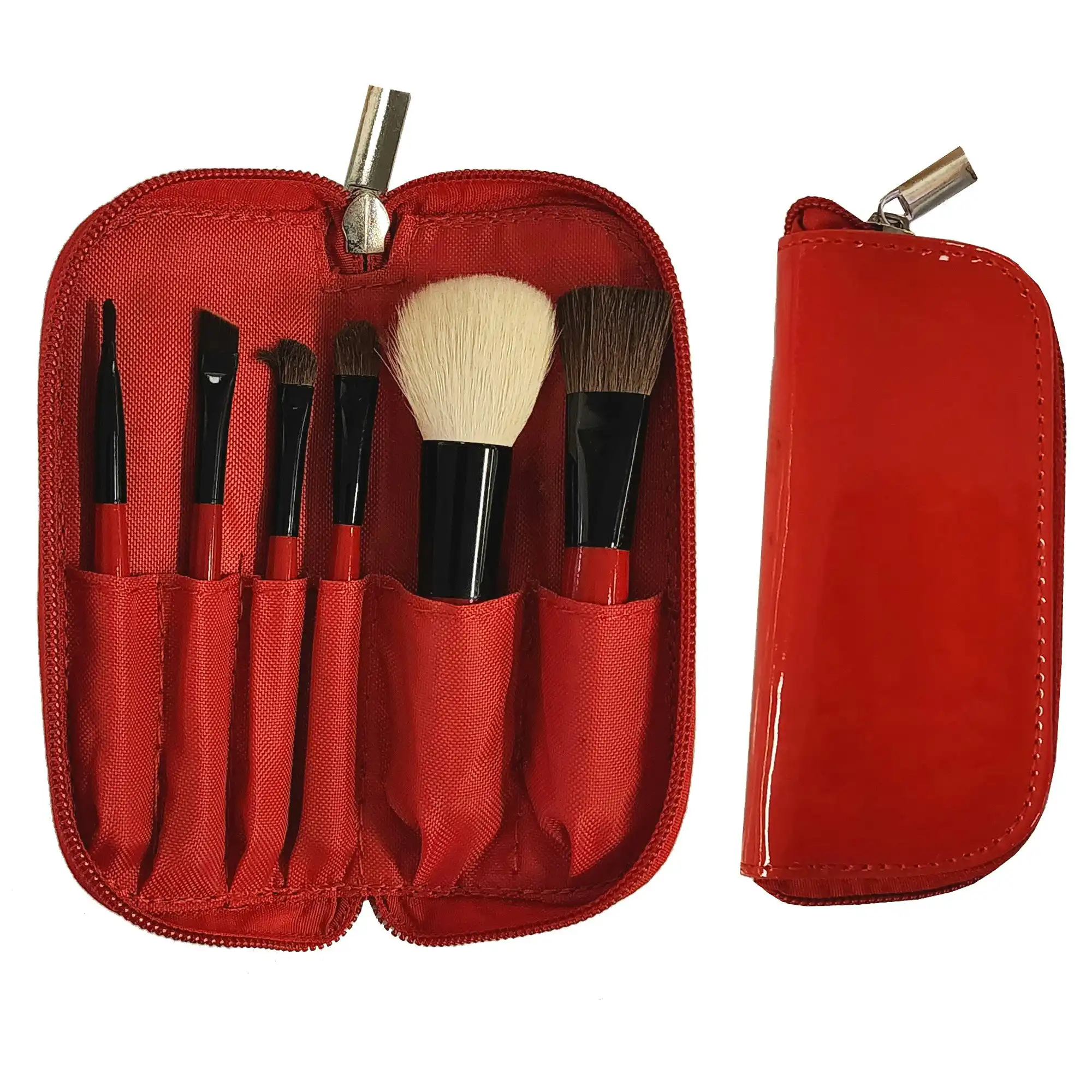 6 Piece Travel Makeup Brush Set Soft Bristle with Zip Up Carry Case Red