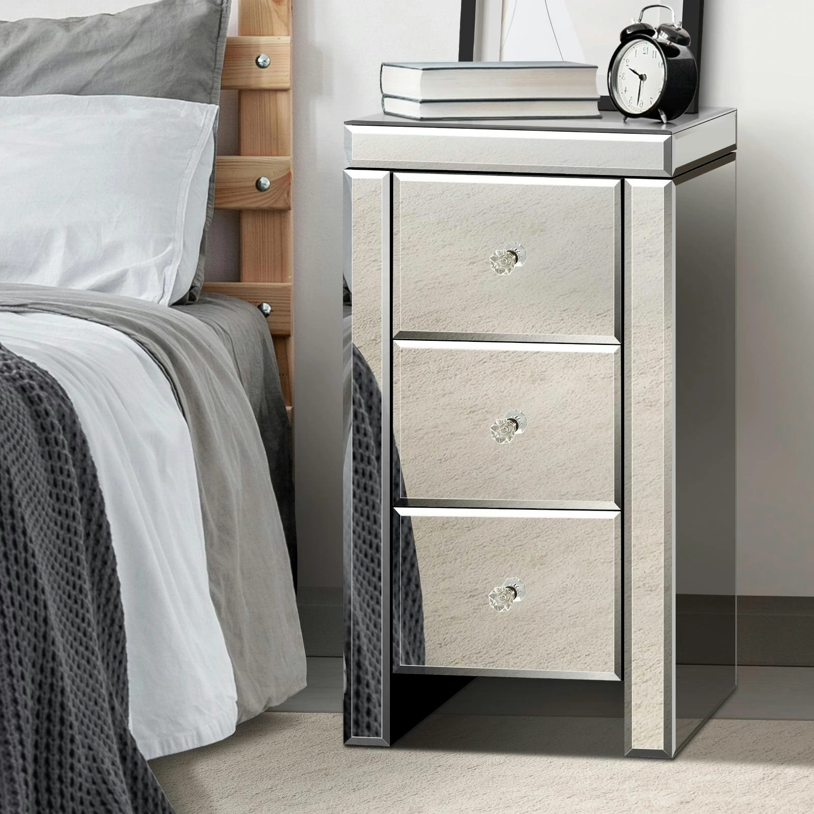 Oikiture Bedside Table 3 Drawers Side Table Nightstand Mirrored Storage Cabinet