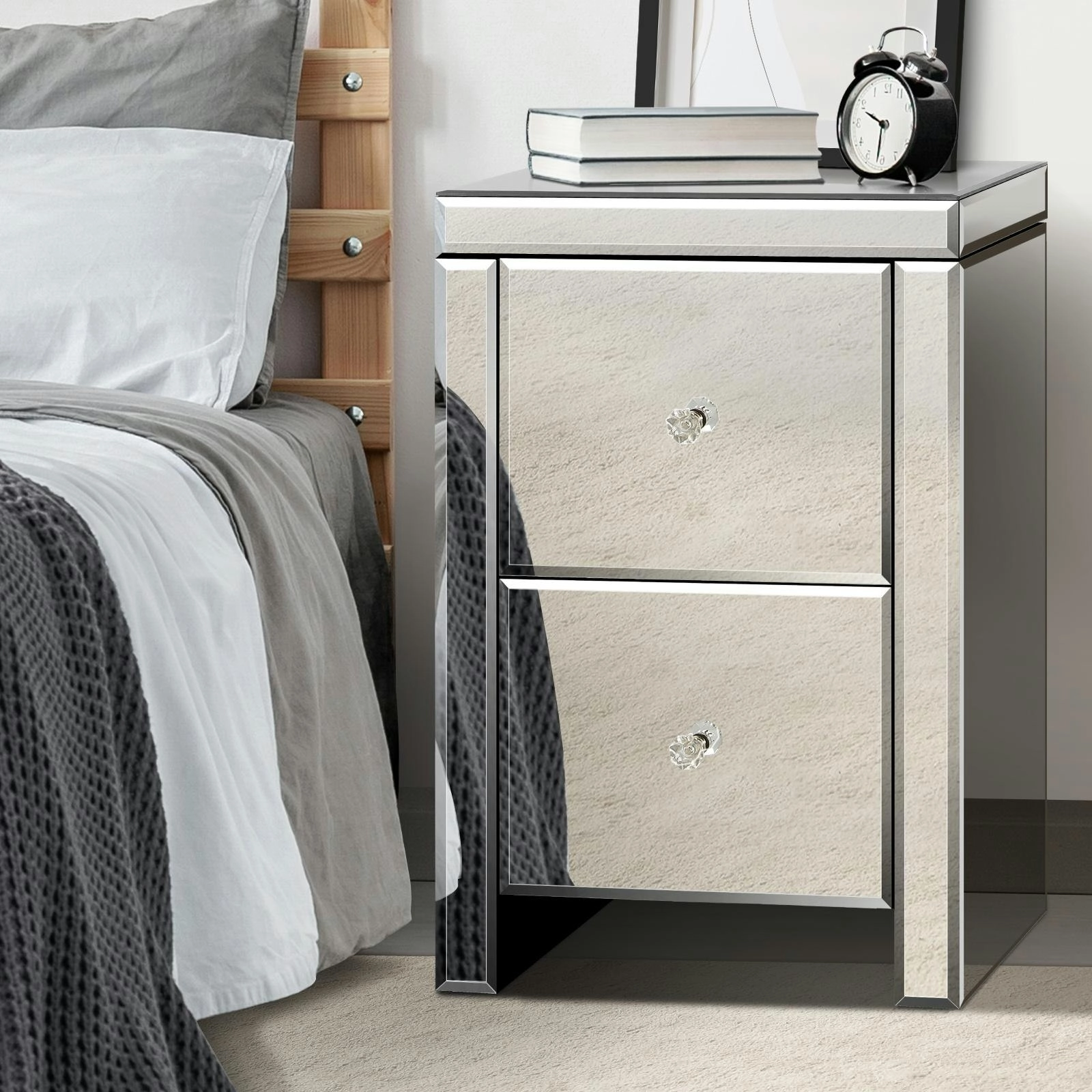 Oikiture Mirrored Storage Cabinet Bedside Table End Table w/ Acrylic Handles