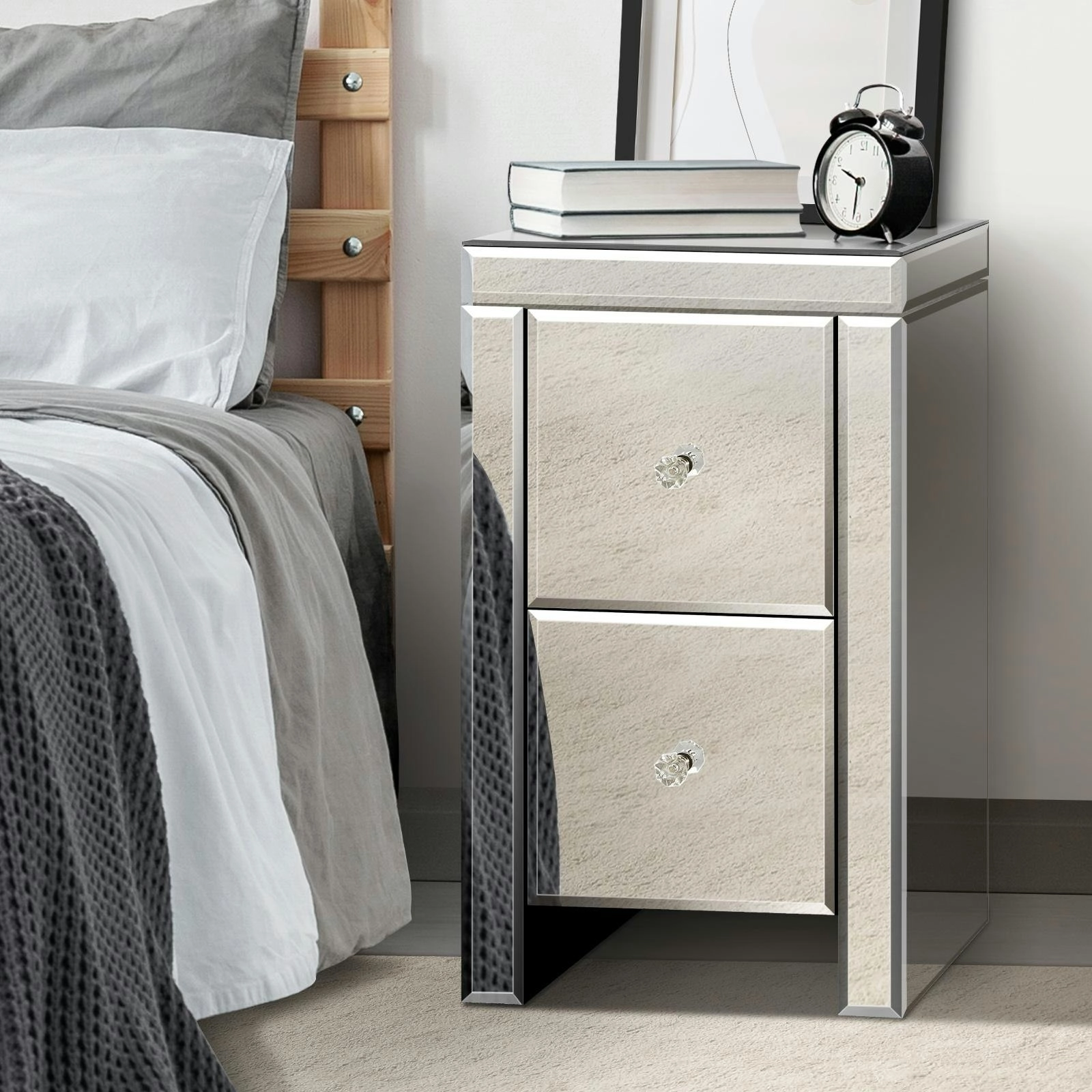 Oikiture Bedside Table Mirrored Storage Cabinet 2 Drawers Nightstand End Table