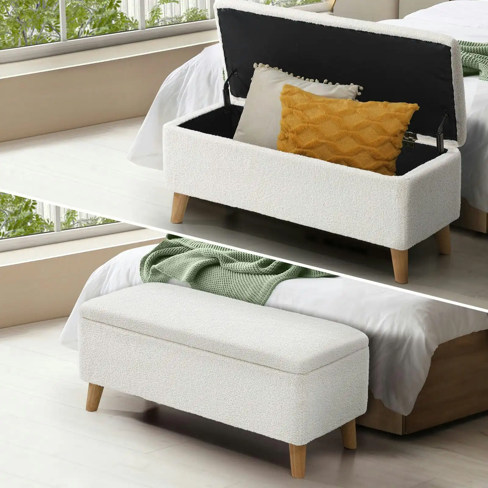 Oikiture Storage Ottoman Blanket Box Chest Toy Foot Stool LARGE Sherpa White