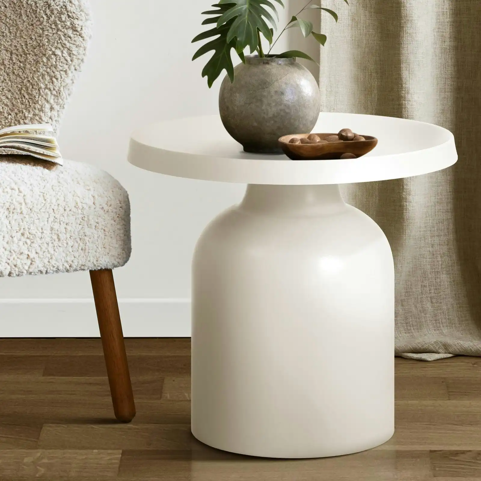 Oikiture Coffee Side Table Round Bedside Sofa Tea End Tables Steel Metal White