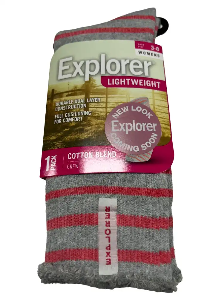 Bonds Womens Explorer Lightweight Cotton Crew Ladies Socks Grey/Pink Stripes
