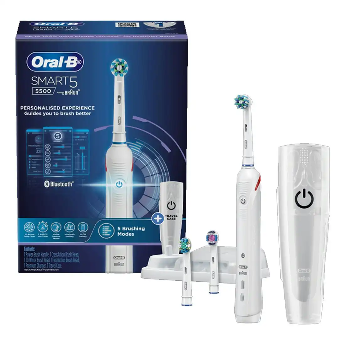 Oral-B SMART 5500 Electric Toothbrush +3 Refills with Travel Case - White