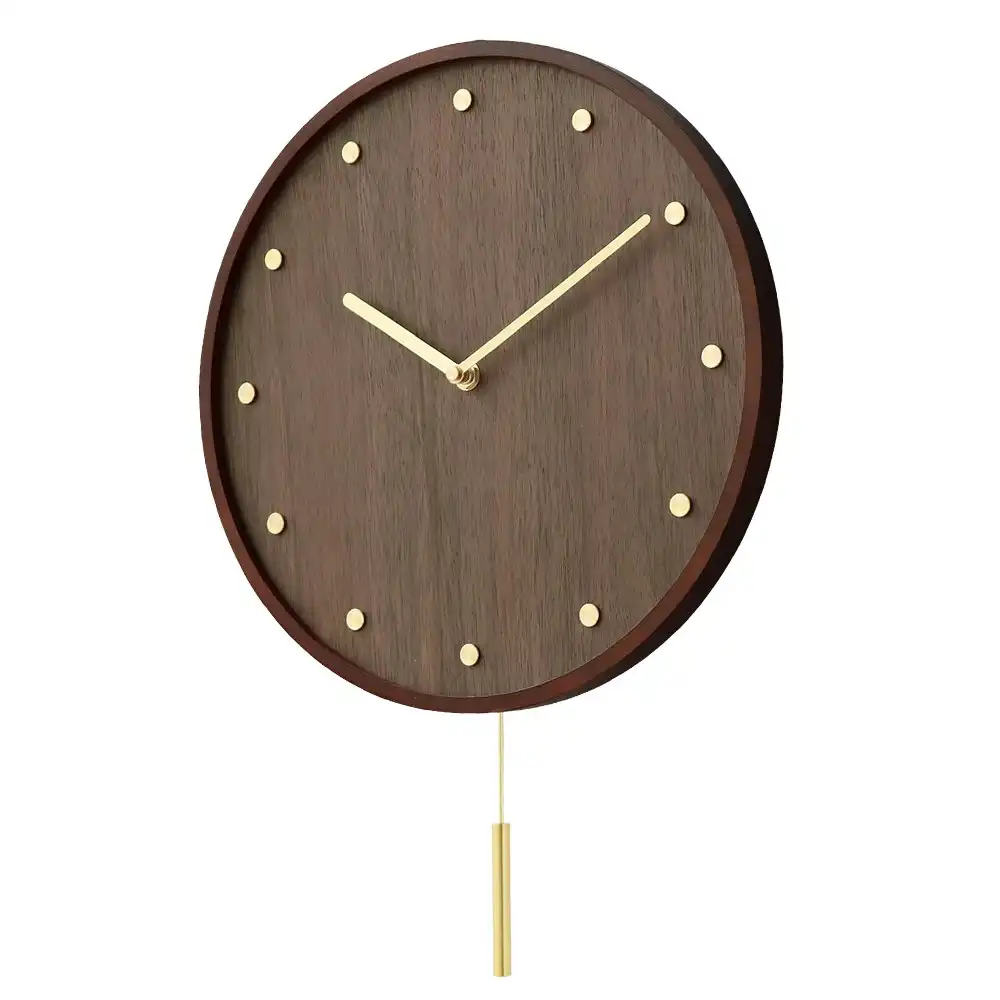 Furb Wall Clock with Pendulum Wood Round Wall Clocks Silent Non-Ticking Decor