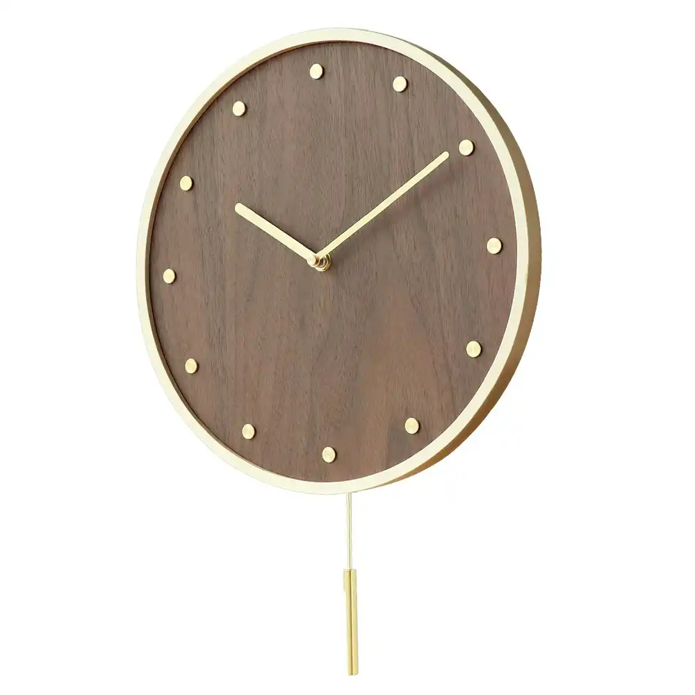 Furb Wall Clock with Pendulum Wooden Round Wall Clocks Silent Non-Ticking Decor