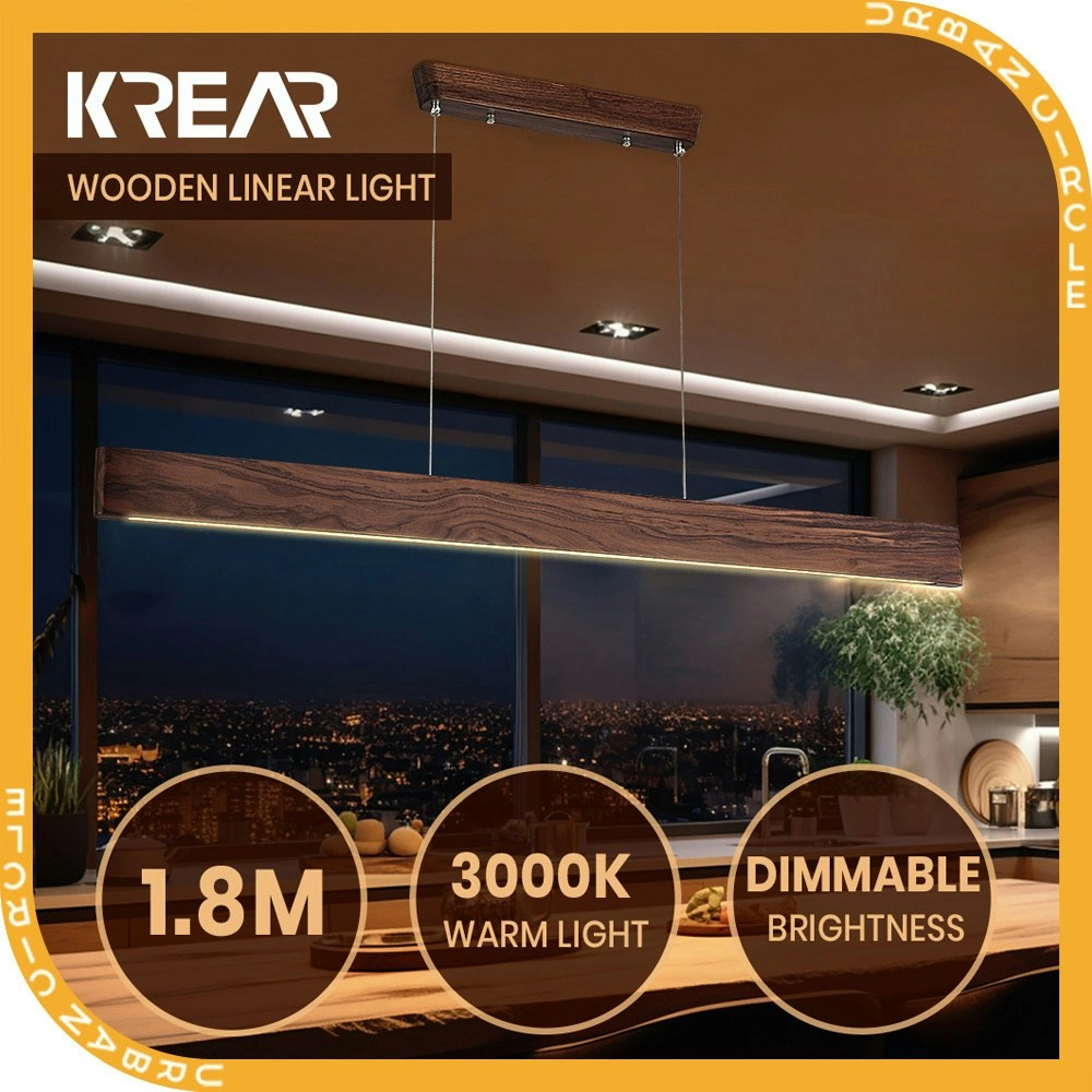 Krear 180CM Wooden Pendant Light Flat Rectangle LED Strips Linear Lighting Dark Walnut Wood